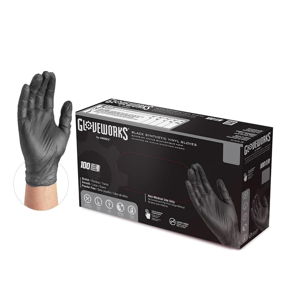 Gloveworks® by AMMEX Synthetic Vinyl Industrial Gloves - Black - 1 Case (100 Gloves x 10 Boxes)