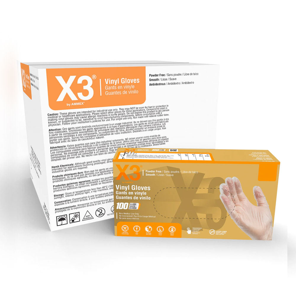 AMMEX® X3 Industrial Clear Vinyl Gloves - 1 Case (100 Gloves x 10 Boxes)